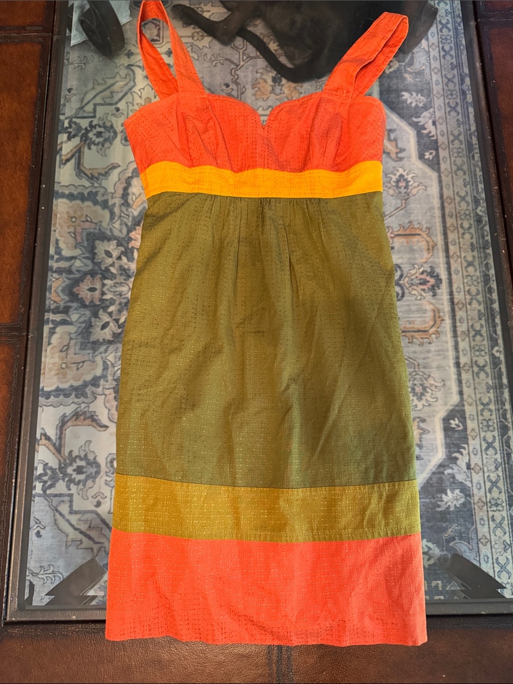 Trina Turk Coral, Olive & Yellow Sleeveless Midi Dress
